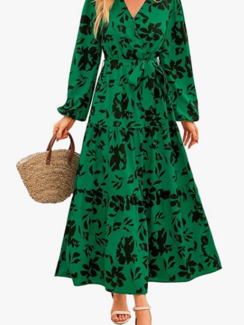 Green and Black Floral Faux-Wrap Long Sleeve Maxi Dress, Size XXL, Pretty Garden